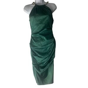 Cache‎ Women's Size 2 XS Green Chain Neck Ruched Mermaid Formal Evening Dress